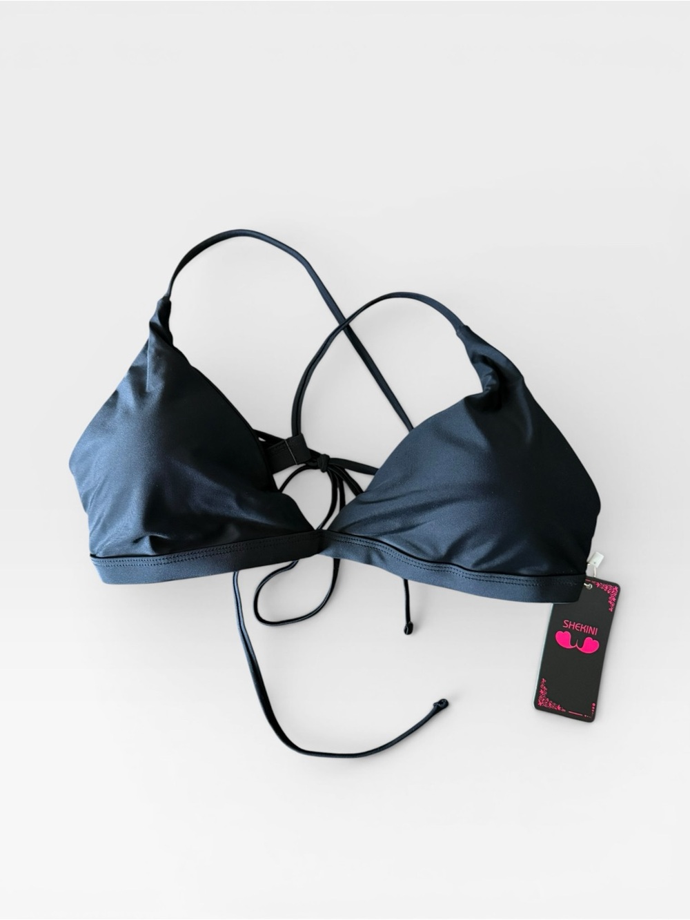 SHEKINI Black Triangle Bikini Top with Tie Straps